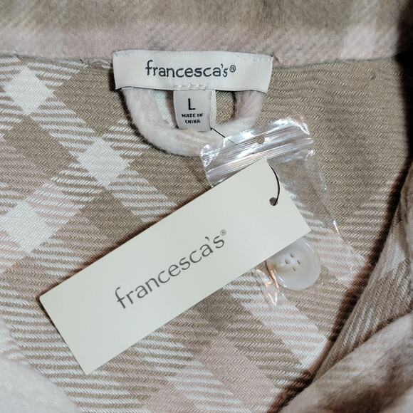 Francesca's Lydia Cropped Plaid Shacket Tan Cream Fall Winter Layering Jacket L - Picture 13 of 15